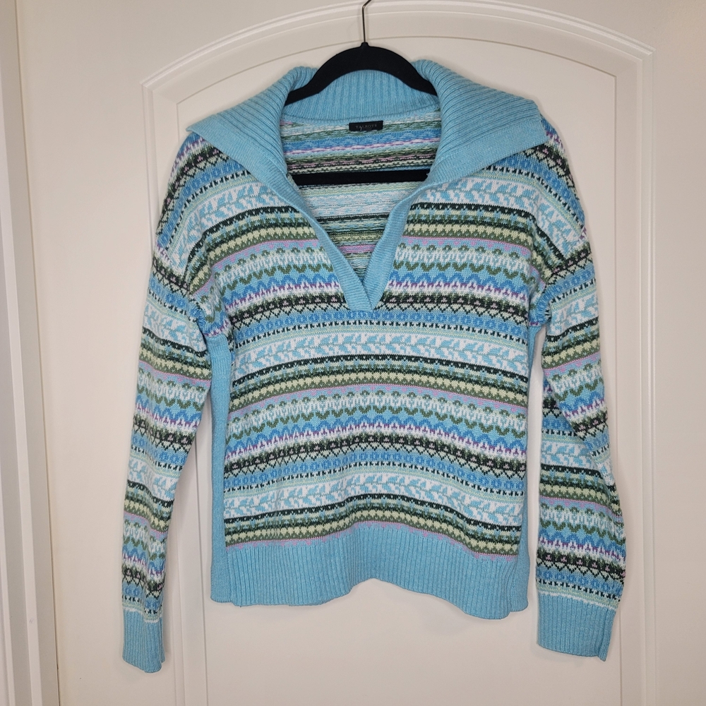 Talbots Light Blue Multi-Pattern V-Neck Sweater